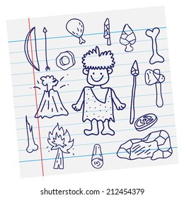 Vector outline image. Stone age cartoon primitive and weapon on paper