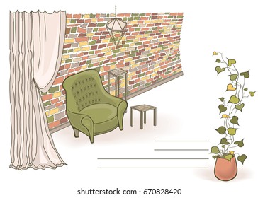 Vector outline of the interior in a modern loft style with an armchair, a curtain and a brick wall, with a place for an invitation, furniture store Brightly colored in warm bottles