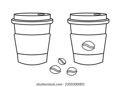 Vector Outline Isolated Take Away Cups Design with Isolated Coffee Beans Design Elements Hot Coffee Paper Cups Set. Isolated on White Background Coffee Icons. Outline cups isolated on white background