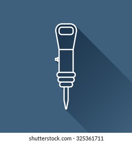 Vector outline jackhammer icon on dark blue background with long shadow . Industrial equipment 
