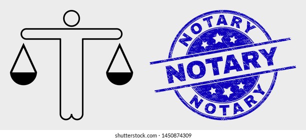 Vector outline judge pictogram and Notary seal stamp. Blue rounded textured seal stamp with Notary message. Black isolated judge icon in contour style.