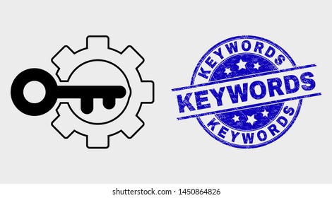 Vector outline key options gear icon and Keywords watermark. Blue rounded grunge watermark with Keywords caption. Black isolated key options gear pictogram in outline style.