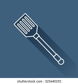 Vector outline kitchen spatula icon on dark blue background with long shadow 