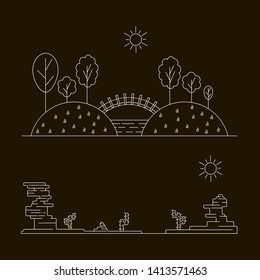 vector outline landscape illustration, simple style trees and bridge over the river and desert with cactuses