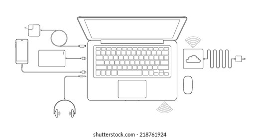 Vector outline of laptop computer and port and plug to connection.