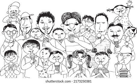 Vector Outline Large Group Of Men And Children Eating Ice Cream