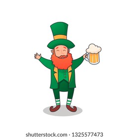 Vector outline Leprechaun with beer glass isolated on white background. character in green hat from Irish folklore in contour style for Happy Saint Patrick's Day.