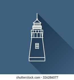 Vector outline lighthouse icon on dark blue background with long shadow 