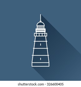 Vector outline lighthouse icon on dark blue background with long shadow 