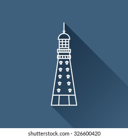 Vector outline lighthouse icon on dark blue background with long shadow 