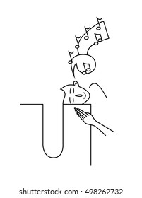 Vector outline line art girl or young woman with long hair listening to music in minimalistic style with notes flying above. Black and white. Isolated
