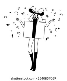 Vector outline line illustration, girl in a Christmas gift costume with a bow, confetti, Black Friday