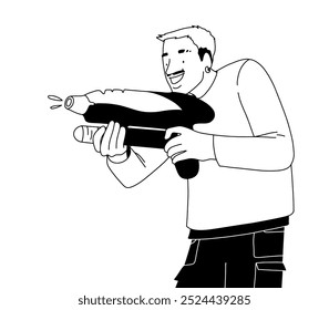 Ilustración lineal de contorno de Vector, página para colorear, joven hombre alegre jugando una pelea de pistolas de agua