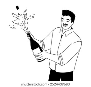 Ilustración lineal de contorno de Vector, página para colorear, hombre joven alegre con un bigote que abre una botella de champán en una fiesta