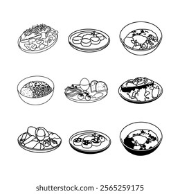 vector outline linear illustration, coloring pages menu , breakfast dishes, minimalistic vector line illustrations. Vector illustration