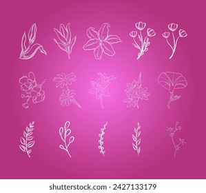 Vector outline linear white flowers on pink background. The set is made for tattoos, children's coloring, décor, printing, backgrounds, web