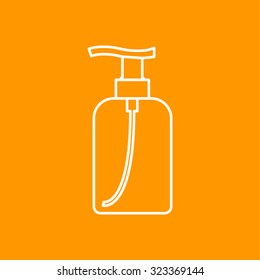 Vector outline liquid soap bottle on color background . Cosmetic icon 