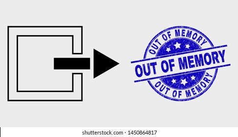 Vector outline log out pictogram and Out of Memory watermark. Blue rounded textured watermark with Out of Memory title. Black isolated log out pictogram in contour style.