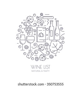 Vector Outline Logo Set And Design Elements. Wine Bottle, Glass, Grape Vine, Leaf Icons. Food And Drink Background. Trendy Concept For Wine List, Bar Or Restaurant Menu, Natural Alcohol Drinks.