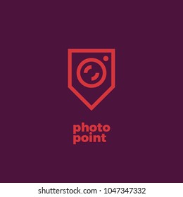 Vector outline logotype of navigation pin with camera. Concept of place for photography. Camera logo