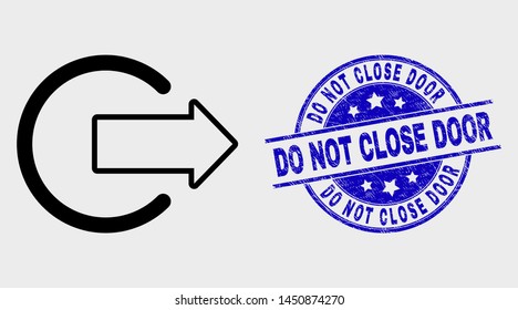 Vector outline logout icon and Do Not Close Door stamp. Blue rounded distress seal stamp with Do Not Close Door caption. Black isolated logout icon in contour style.