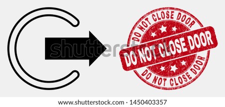 Vector outline logout pictogram and Do Not Close Door seal stamp. Blue rounded distress seal stamp with Do Not Close Door caption. Black isolated logout icon in outline style.