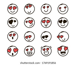 Vector outline in love moji icons set. For digital design, banners, postcards, prints, decor. Isolated and hand drawn cartoon illustration. Web logo collection. Modern premium quality symbols and sign