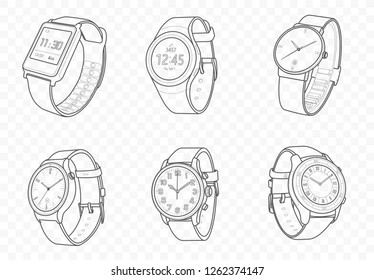 Vector outline luxury quartz and mechanic watches on hand for time control with minutes and hours 
