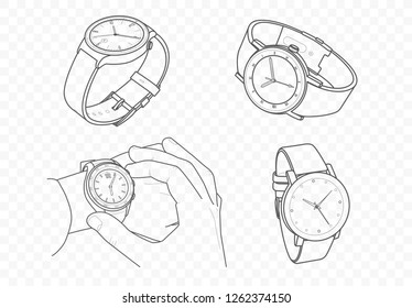 Vector outline luxury quartz and mechanic watches on hand for time control with minutes and hours 