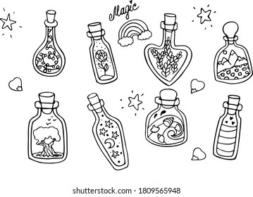 Vector outline magical glass bottles with stars, rose, leaves, mountains, light bulbs, seashells,  sand, tree