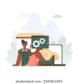 Un contorno vectorial de un hombre que sostiene una ventana de navegador con engranajes y pares, Idealize para conceptos de tecnología y progreso.