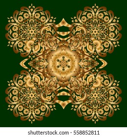 Vector outline Mandala on a green background. Yoga logo, background for meditation poster. Decorative round ornament. Anti-stress Mandala with golden elements. Unusual flower shape oriental line.