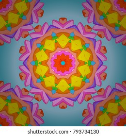 Vector outline Mandala on orange, blue and pink colors. Unusual flower shape oriental line. Anti-stress therapy pattern. Decorative round ornament. Yoga logo, background for meditation poster.