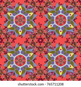 Vector outline Mandala on pink, violet and brown colors. Anti-stress therapy pattern. Weave design element. Decorative ornament. Yoga logo, background for meditation poster. Flower shape oriental line