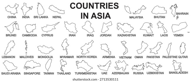 Mapa de esquema de Vector colección de países de Asia en estilo de línea negra. Perfecto para infografías de geografía de Asia, materiales educativos y presentaciones con fronteras y límites políticos de Asia
