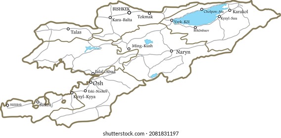 Mapa de esquema de vectores de Kirguistán con fronteras de regiones, lagos y ríos. División administrativa del estado. Lago Issyk-Kul
