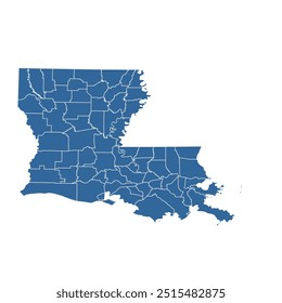 Mapa de contorno vetorial do estado de Louisiana dividido em paróquias