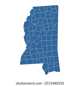 Vector outline map of Mississippi state divided into counties