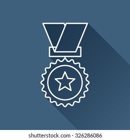 Vector outline medal icon on dark blue background with long shadow . Winner award 