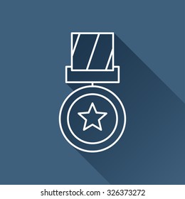 Vector outline medal icon on dark blue background with long shadow . Winner award 