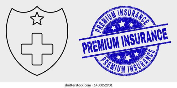Vector outline medical shield icon and Premium Insurance seal stamp. Blue round scratched seal stamp with Premium Insurance phrase. Black isolated medical shield pictogram in outline style.