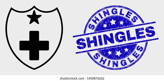 Vector outline medical shield icon and Shingles watermark. Blue round textured watermark with Shingles caption. Black isolated medical shield icon in stroke style.
