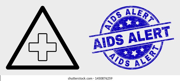 Vector outline medical warning triangle icon and AIDS Alert watermark. Blue rounded textured watermark with AIDS Alert text. Black isolated medical warning triangle icon in outline style.