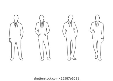 Vector outline of men, group of business people standing, isolated on white background