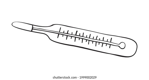 Termómetro de mercurio de contorno vectorial en estilo doodle. Elemento de diseño médico, clipart. Tema de la medicina, la pandemia, la atención de la salud, el tratamiento