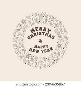 Vector Outline Merry Christmas and Happy New Year banner with symbols of celebration. Icon of gift, candy, letter, ornaments, gingerbread, candle, stocking and holly berry. Festive template with text