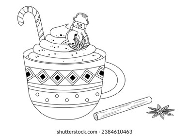 Vector outline Merry Christmas ornamental cute mug with hot cocoa or coffee, sweet cream, gingerbread cookies, candy cane, cinnamon stick and vanilla flowers. Decorative ornamental holiday coffee cup.