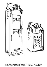 
Icono de esbozo de la leche del vector. Cajas de leche establecidas. Recogida de leche regular, avena, soja, arroz y leche de almendras. Ilustración de productos lácteos. Estilo retro.