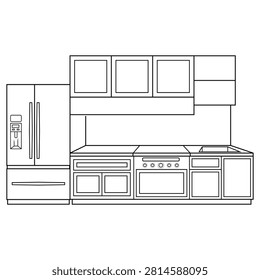 Vector outline of a modern minimalist kitchen interior featuring cabinets, a built-in oven, a sink, a refrigerator, and a kitchen counter. 041