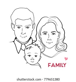 Vector Outline Monochrome Illustration Of Familly . Parents: Mother, Father And Newborn Baby. Motherhood, Childhood Theme .Can Be Used For Care, Protection, Medical Products Template, As Symbol, Icon.